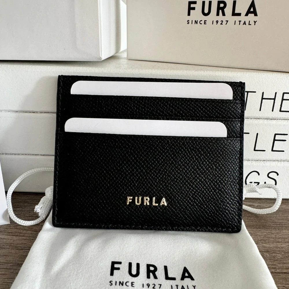 Furla Black Leather Credit Card Holder Wallet New Authentic